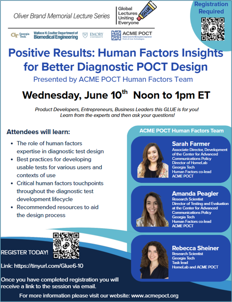 Flyer with information about a one hour lecture titled, "Positive Results: Human Factors Insights for Better Diagnostic POCT Design"